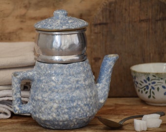 Vintage small ceramic coffee pot, Blue usable drip coffee maker, Tea pot, Gift for men, For coffee and tea lovers, 6.300 height