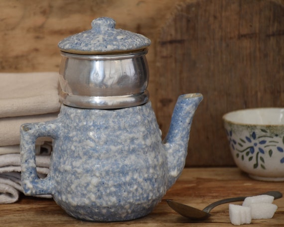 Vintage Small Ceramic Coffee Pot, Blue Usable Drip Coffee Maker, Tea Pot,  Gift for Men, for Coffee and Tea Lovers, 6.300 Height 