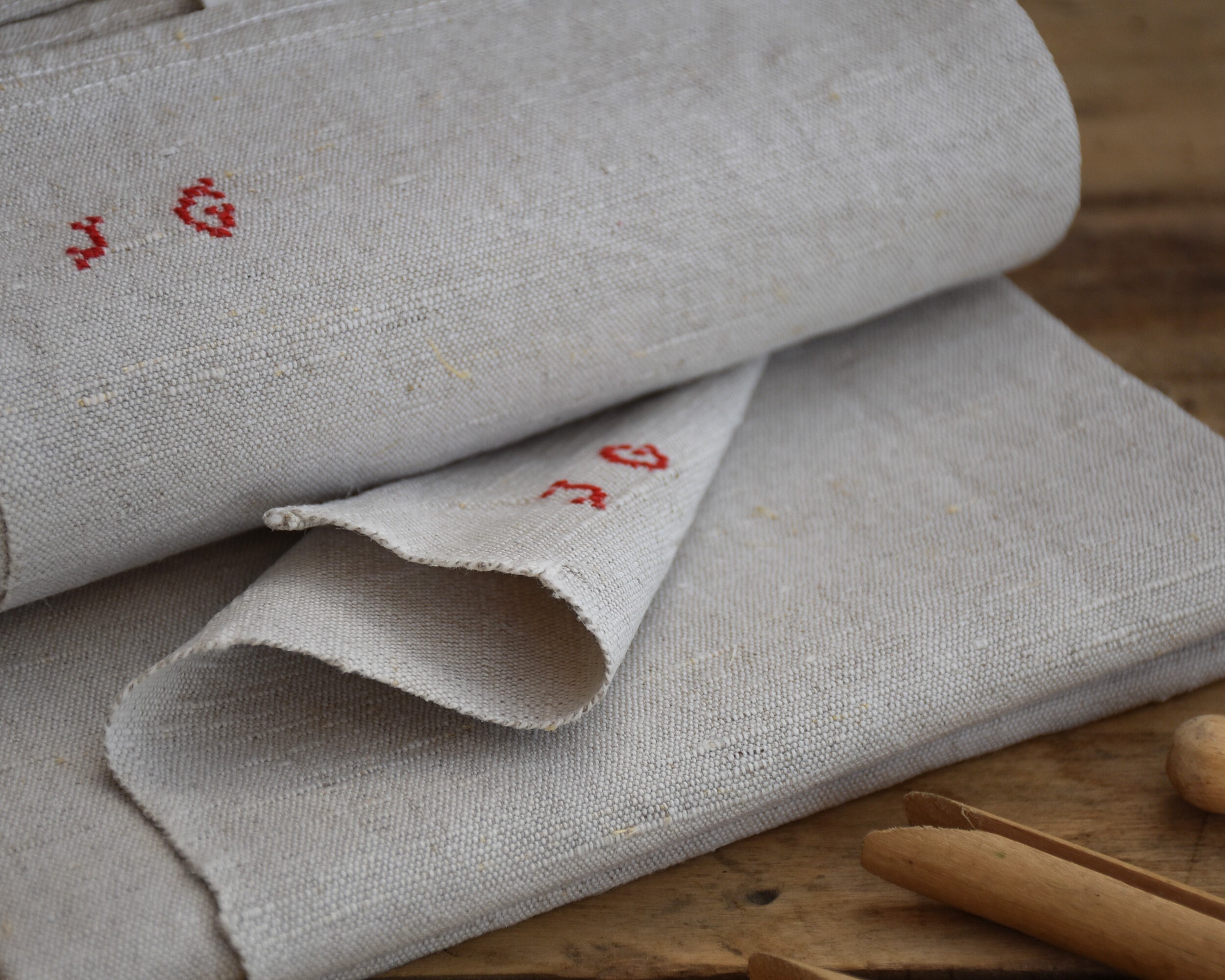 Ensemble de 2 Anciens Torchons ou Essuie Mains en Toile Lin, Cuisine Rustique, Ref Jg02221