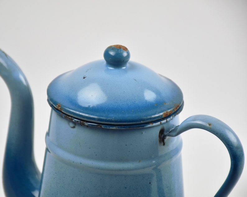 Vintage gradient blue enamel coffee pot, Turquoise boho decor image 10