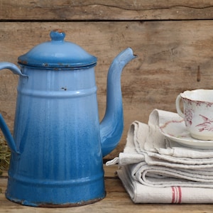 Vintage gradient blue enamel coffee pot, Turquoise boho decor image 1