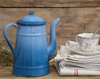 Vintage gradient blue enamel coffee pot, Turquoise boho decor