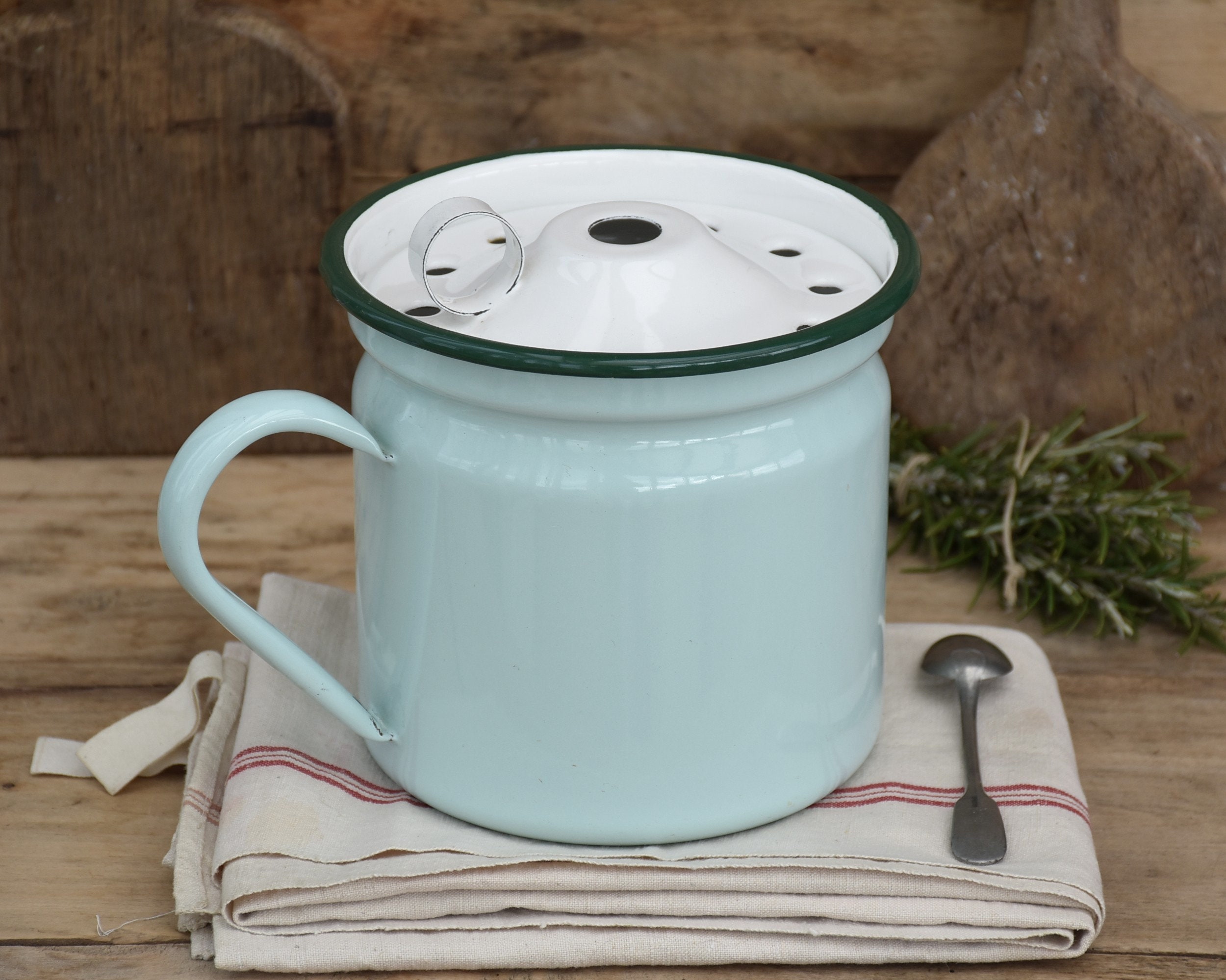 Ancien Pot Émaillé avec Couvercle Pour Bouillir Le Lait, Décoration de Cuisine Vintage, Vert Pale et