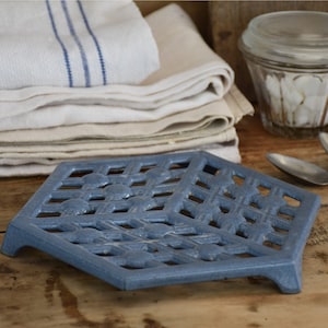 Antique Blue Enamel Cast Iron Trivet : Art Deco Farmhouse Decor