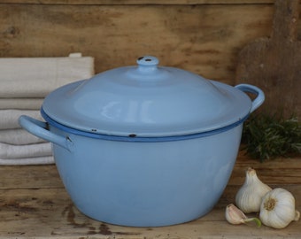 Vintage blue enamlware tureen with lid or cooking pot for farmhouse kitchen decor