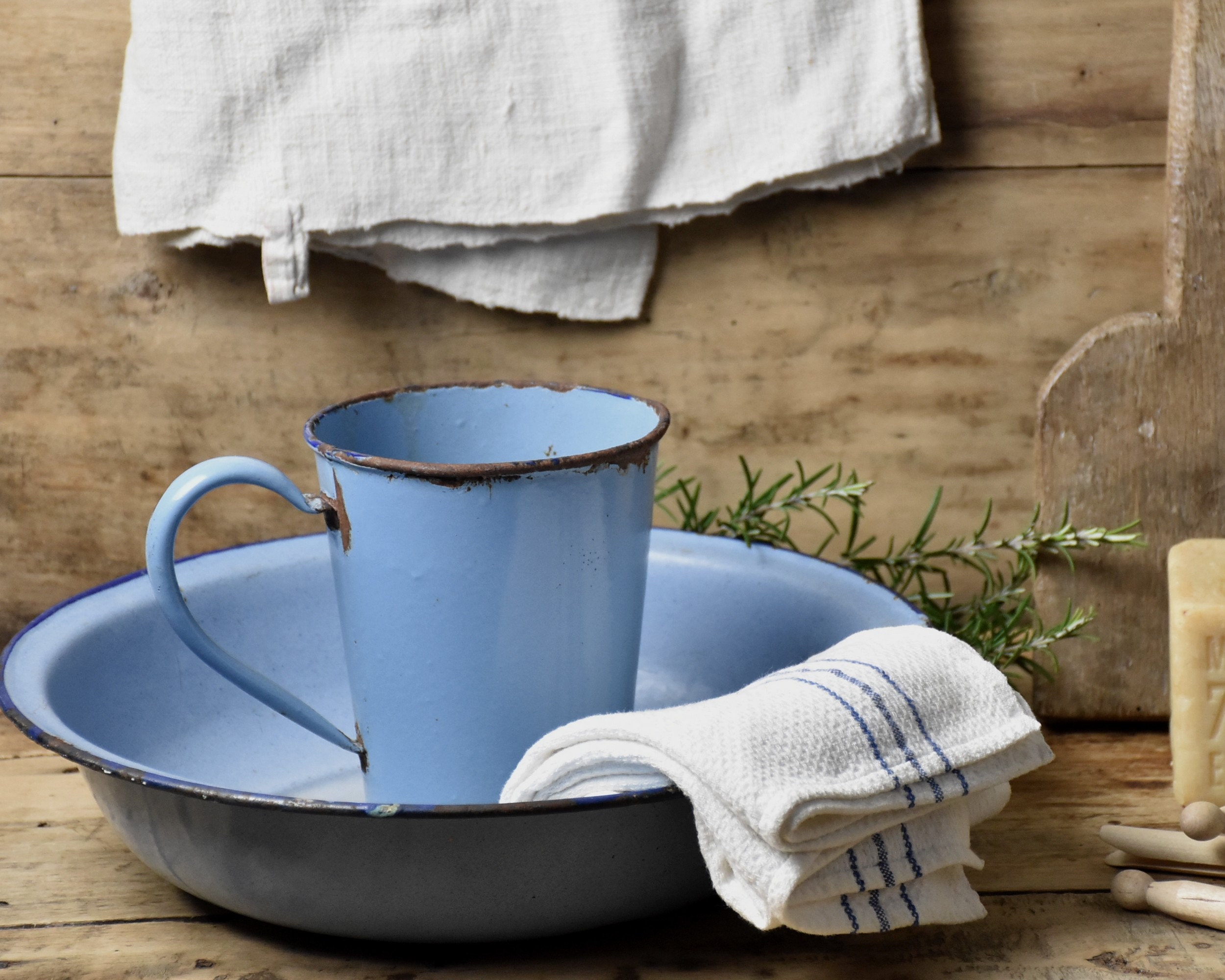 Antique French Stoneware Blue Enamel Pitcher Basin Set