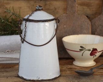 White enamel milk can churn : Farmhouse kitchen metal vase - Utensil holder