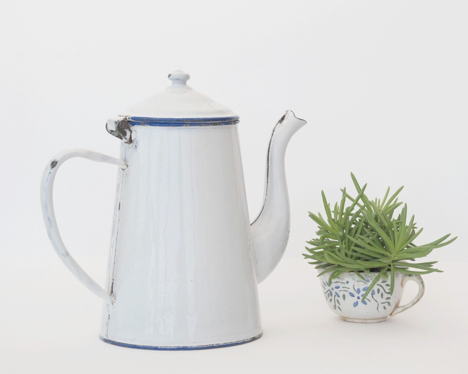 White enamel coffee pot : Farmhouse kitchen shelf decorative storage