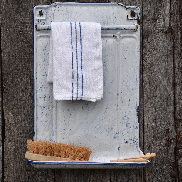 White and blue enamel kitchen utensil holder, Ladle rack wall hanging.