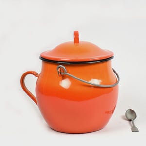 Olla de esmalte naranja para caldero, soporte para utensilios de cocina de metal estilo granja francesa