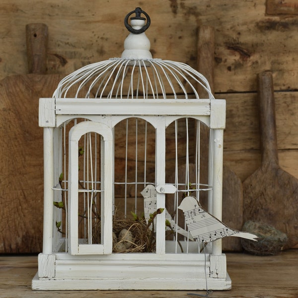 Cage à oiseaux vintage en bois et métal peint blanc - Décoration Printemps Paques Mariage Maison Véranda