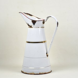 French Enamel Pitcher Vintage - Metal pouring jug - White enamelware - Rustic Farmhouse Garden Decor - Pierced