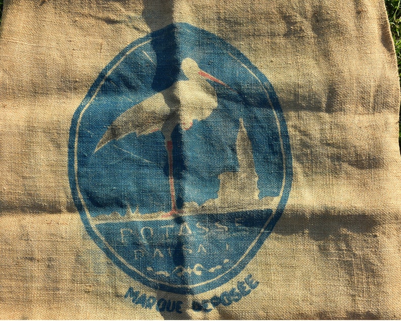 Vintage grain sack with stork, Upholstery fabric, Farmhouse wall decor image 5