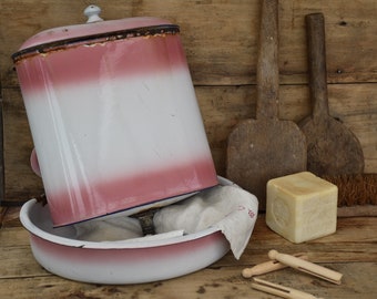 Fuente de pared de esmalte blanco y rosa vintage, fregadero al aire libre, jardinera, baño, cocina y lavandería