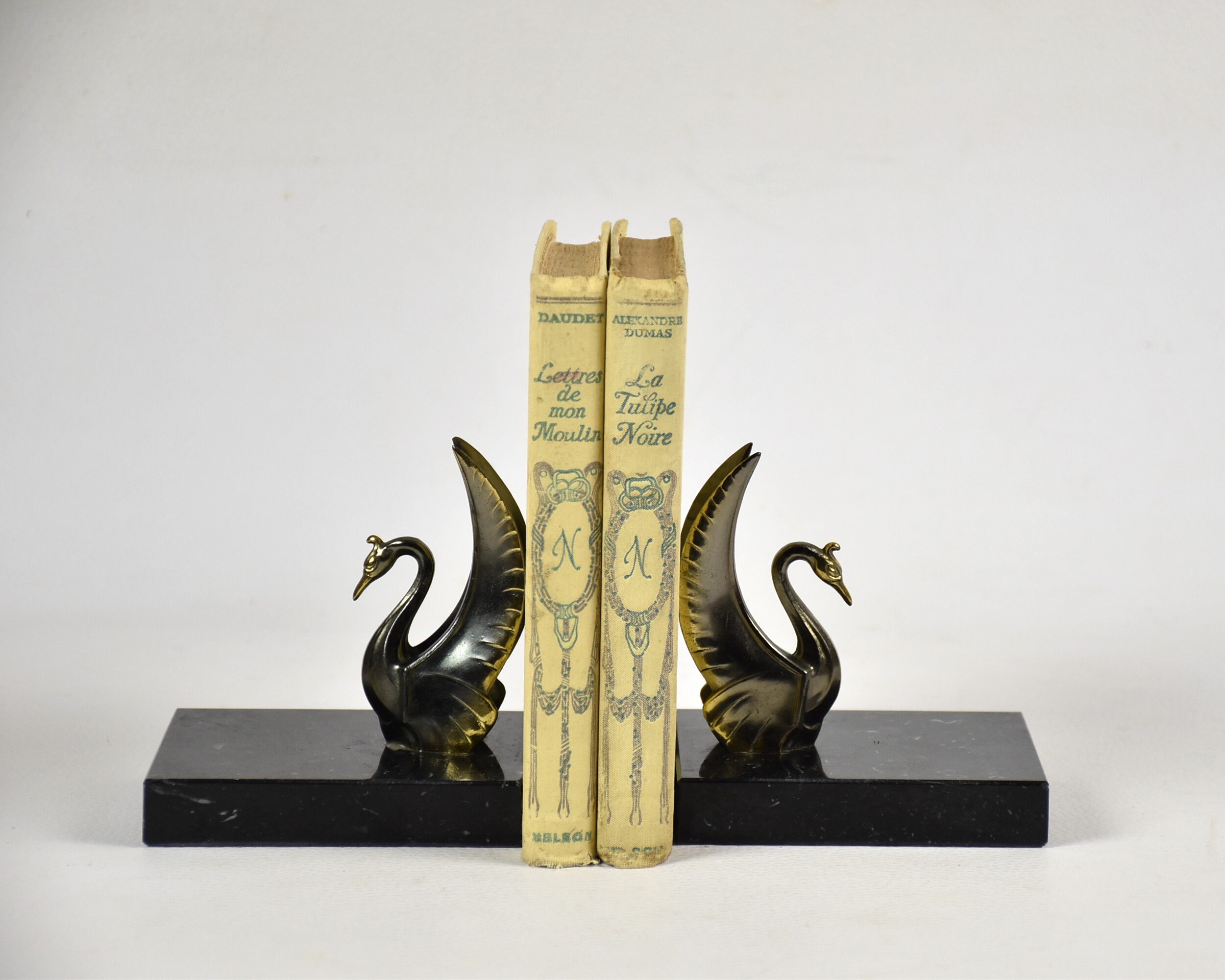 Ancien Serre-Livres, Petits Cygnes en Métal sur Une Base Marbre Noir, Idée Cadeau