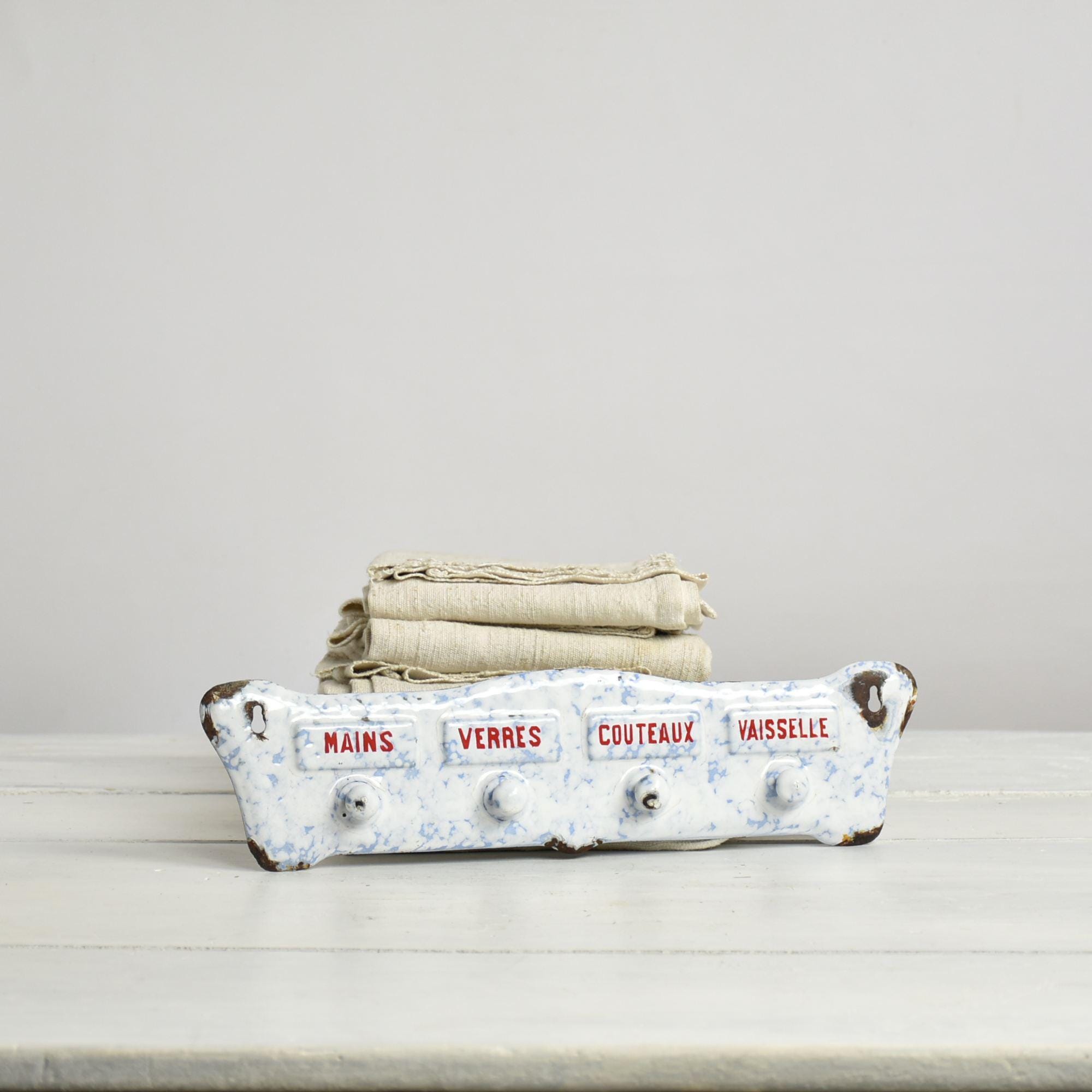 French Enamel Tea Towel Rack With 4 Hooks - Vintage Farmhouse Kitchen Wall Decor