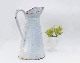 Pitcher jug, Graniteware enamel flower vase, French Enamelware, Farmhouse kitchen decor, Outdoor garden decor.