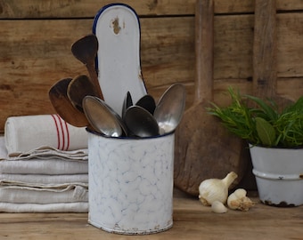 Vintage enamelware salt box white and blue, Kitchen wall mount storage,  Outdoor hanging planter or vase metal