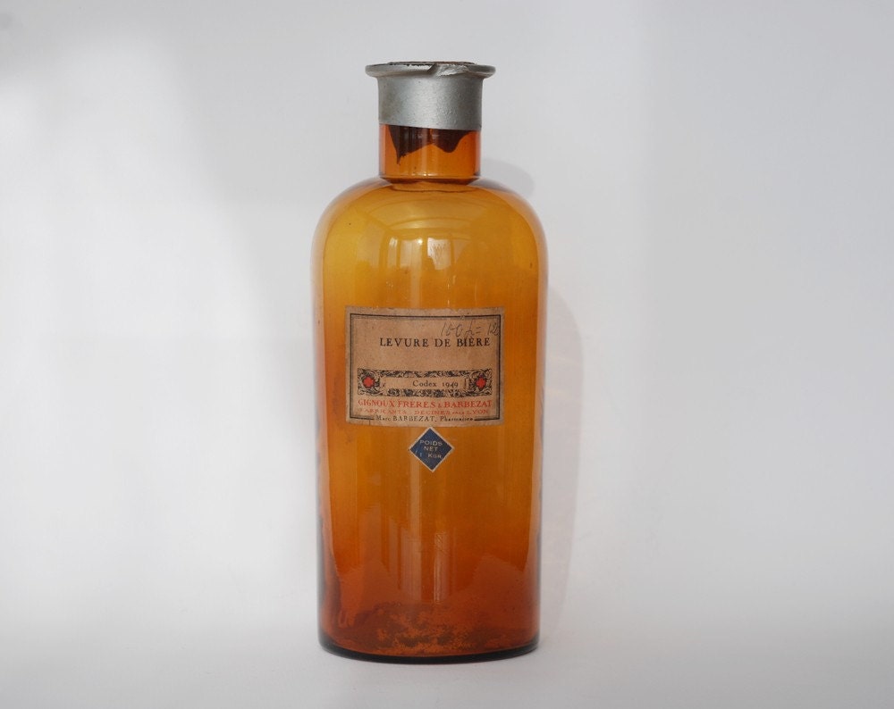 Ancienne Grande Bouteille d'apothicaire en Verre de Couleur Ambre, avec Bouchon et Étiquette