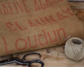 Vintage upholstery fabric jute sack with red lettering - Industrial home decor