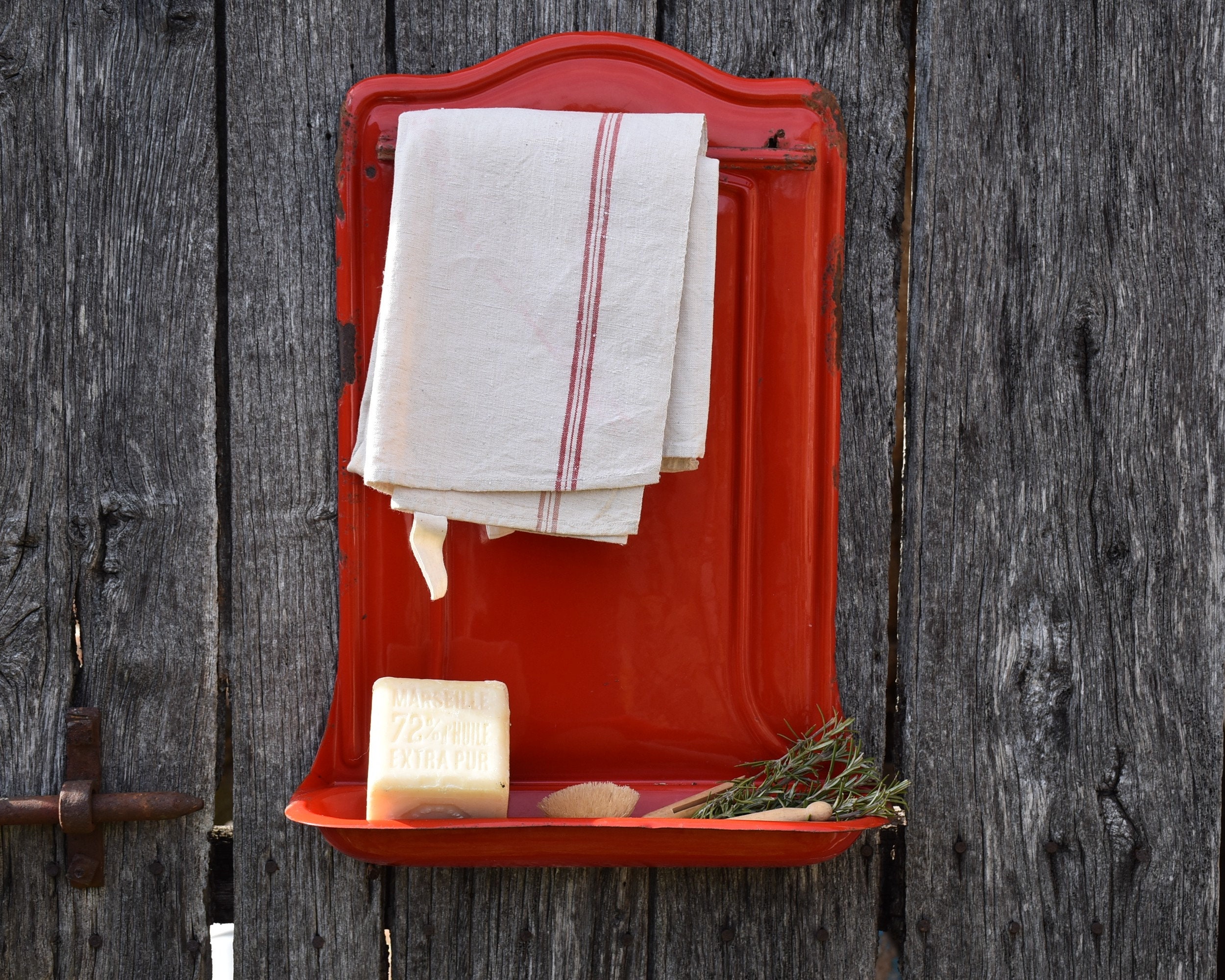 Ancien Support Émaillé Rouge Pour Les Ustensiles de Cuisine