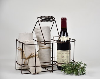 Vintage bottle carrier rack, Metal basket for wine lover, Farmhouse kitchen decor and storage