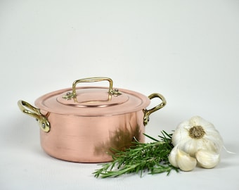 Small copper pan vintage   Lined round pot with lid mother's  Day gift for cooking lover