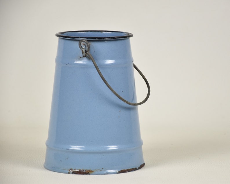 Blue enamelware milk can, Vase metal, Kitchen utensil holder, Farmhouse home decor vintage image 5