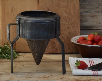 Metal footed cone canning sieve strainer, Chinois colander, To crush and filter jam, jelly and sauces, Rustic kitchen utensil