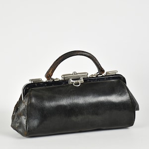 Ancien petit sac de docteur en cuir noir - Gladstone style vintage - Cadeau pour femme, homme, étudiant en médecine