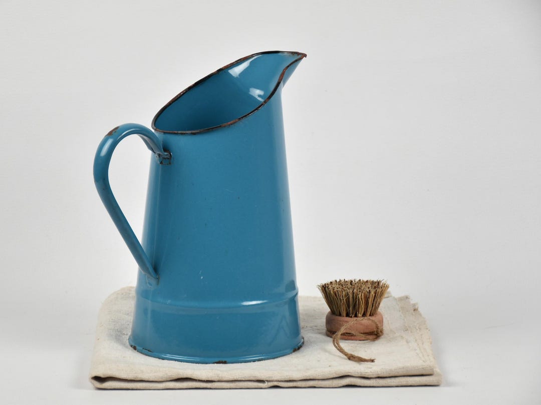 ヴィンテージ ブルー エナメル ピッチャー ブラック リム フレンチ