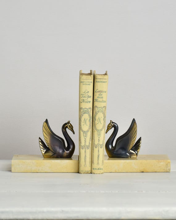 Vintage Swan Bookends - Ocher Marble & Metal Alloy Figurine Pair - Hollywood Regency Office Decor