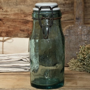 Ancien Bocal En Verre Vert Manufrance - 1 Litre - Saint Etienne - Avec Couvercle - Vintage
