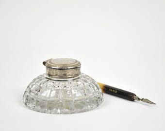 Antique Cut Glass Inkwell Encrier Faceted Victorian Calligraphy Gift