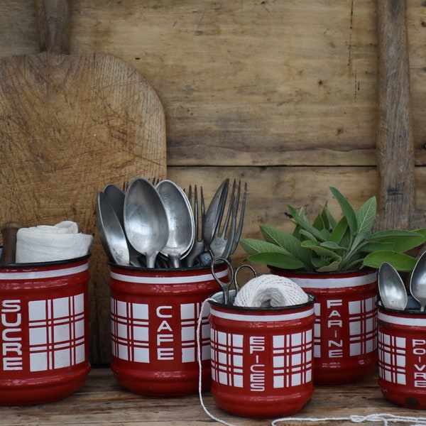 Vintage red enamel canisters set, Pots without lid, Utensil holder, Farmhouse kitchen decor