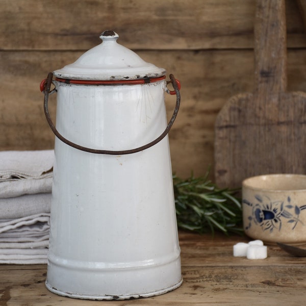 Vintage White Enamel Milk Can : Rustic Farmhouse Kitchen Shelves Decor