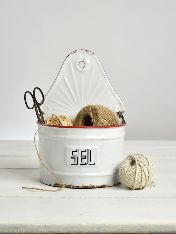 Vintage French enamel salt box vintage - Red Farmhouse Kitchen - Wall Storage - Utensil Holder