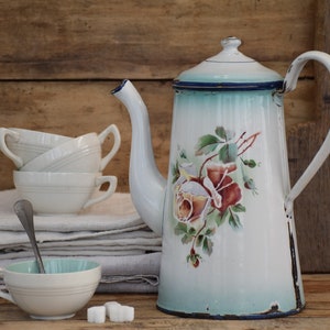 Vintage White Enamel Coffee Pot : Floral Rose Farmhouse Decor