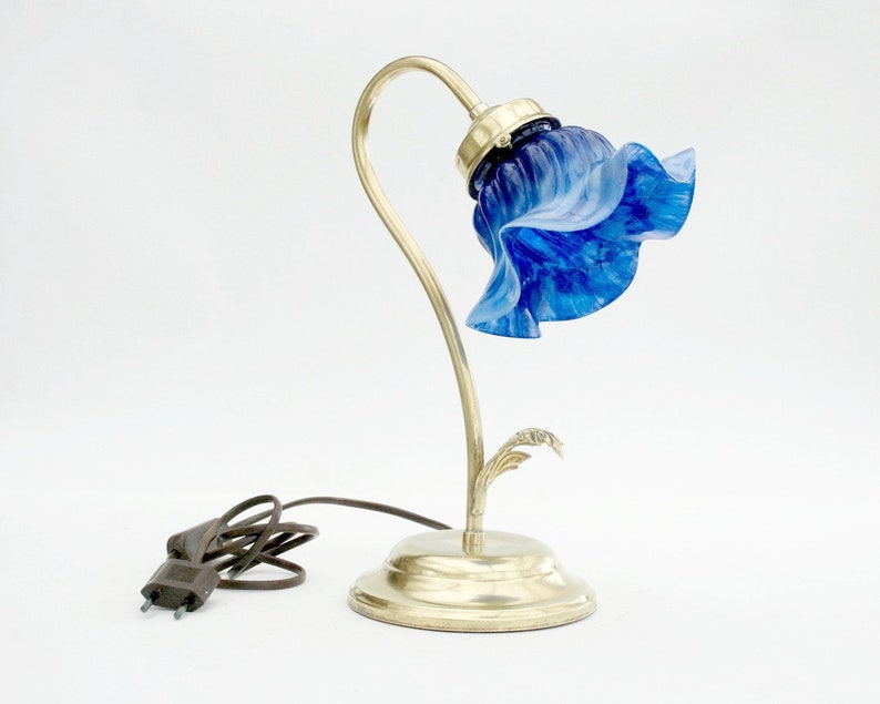 Vintage Brass Table Lamp With A Blue Glass Shade Bedroom Bedside And Office Desk Lighting Housewarming Gift