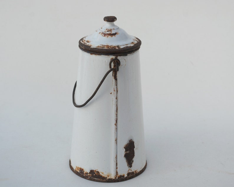 Vintage white enamel milk can, Farmhouse home decor image 3