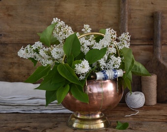 Vintage copper planter or vase - Coal Bucket with Ceramic Handle - French country decor