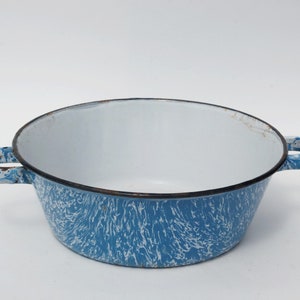 Vintage marbled blue enamel bowl, Kitchen and bathroom storage, Outdoor planter pot image 4