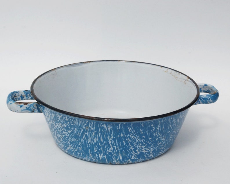 Vintage marbled blue enamel bowl, Kitchen and bathroom storage, Outdoor planter pot image 4