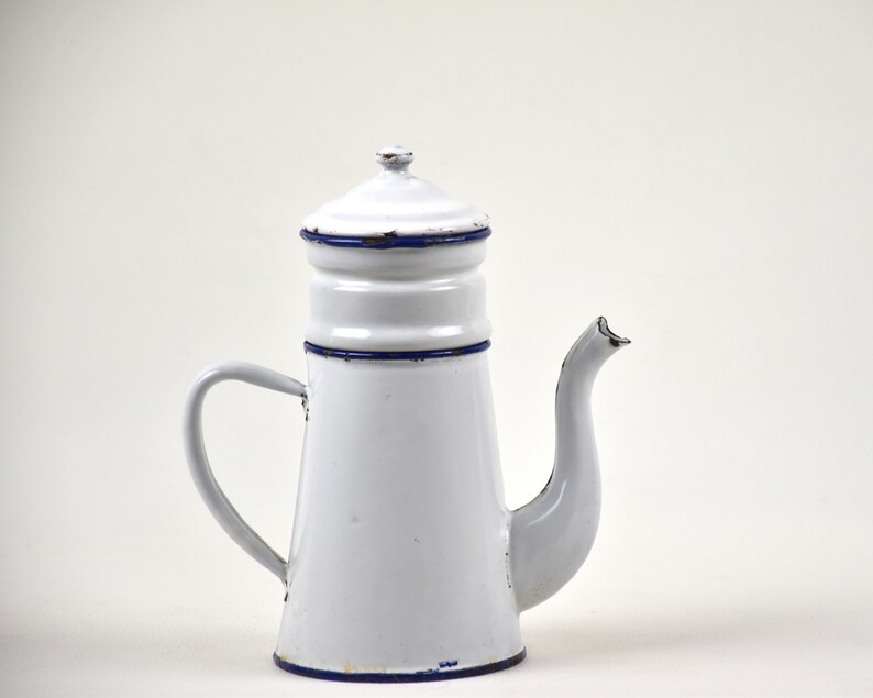 Small white enamel coffee pot : Vintage barware gift Farmhouse kitchen decor image 2