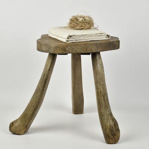 French Milking Stool Antique - Rustic Primitive Wooden Chair with three Legs - Farmhouse Decor Vintage