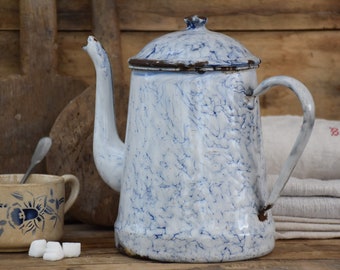 Vintage white and blue enamel coffee pot, Tea kettle, Farmhouse kitchen shelf decor antique, Vase metal for flovers, 7.875 inches height