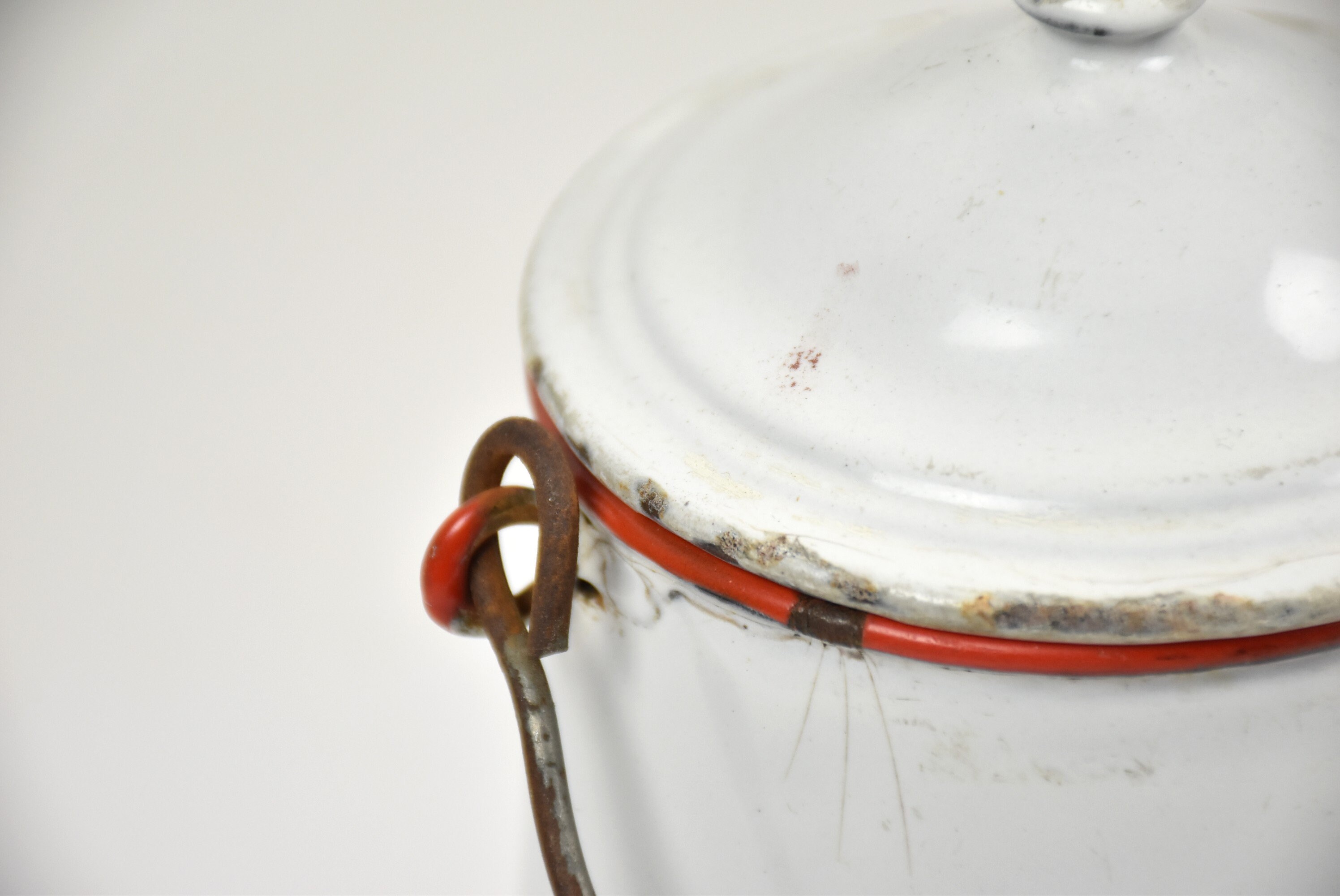 Vintage White Enamel Milk Can Red Rim French Farmhouse Utensil