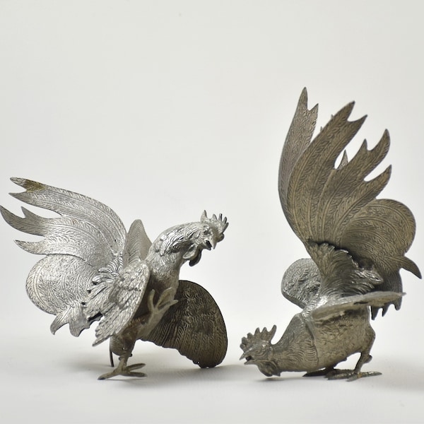 Anciennes figurines combat de coqs en métal Cadeau pour lui