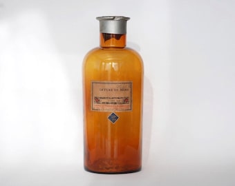 Antique Amber Glass Apothecary Bottle, 1950s French Pharmacy Jar with Cork & Label