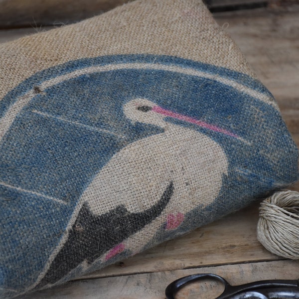 Vintage French upholstery fabric Jute grain sack with stork for Farmhouse decor